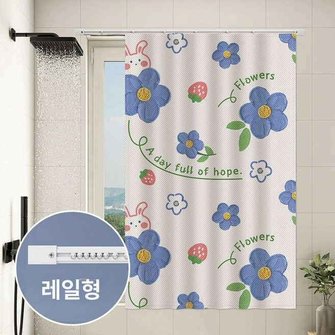 고양이 샤워커튼 욕실 방수 가리개 미니 1개 베이지 블루 플라워, 베이지 블루 플라워 × 100 x 120cm × 1개