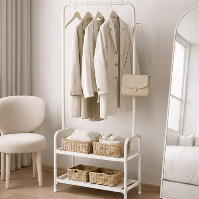 ANYOU 튼튼한 스탠드 철제 옷걸이 행거 모던 심플 다기능 대용량 하단 수납 선반 옷장, 블랙-2단