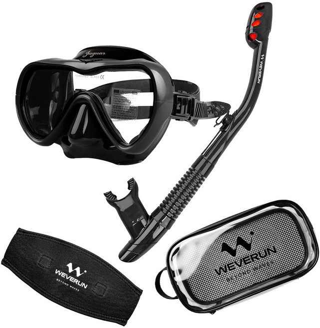 위베런 재규어 스노클링 마스크 세트 미러렌즈 자외선차단 + 머리엉킴방지 스트랩커버 + 투명파우치, 투명 블랙 세트