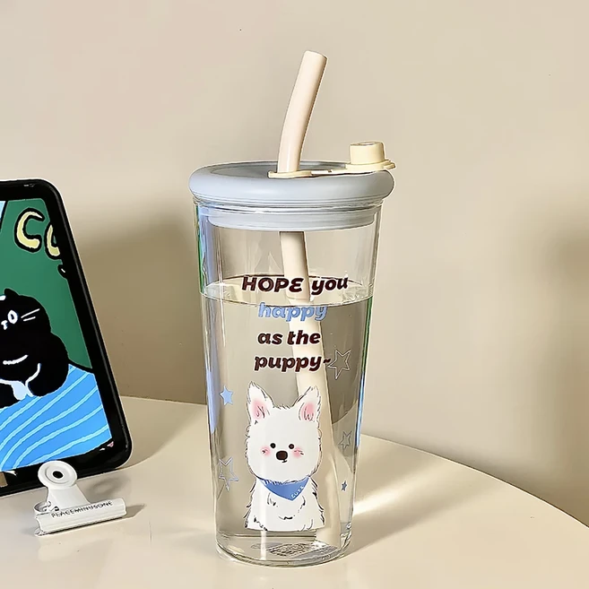 귀여운 강아지 식품 등급 유리 빨대컵 대용량 오피스 여성용 핑크 소녀 하트 팝 스타일 르슈팡 스토어, 03 블루 800ml