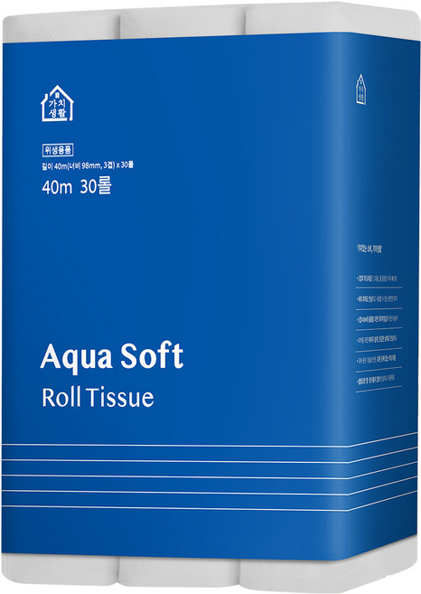 가치생활 아쿠아 소프트 3겹 대용량 고급 롤화장지, 1개, 30롤, 40m