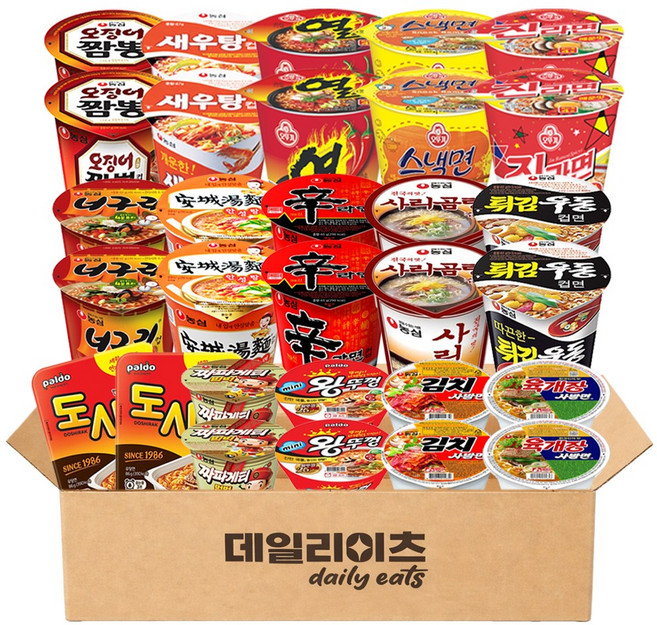 데일리이츠 컵라면 소컵&사발면 15종 2개씩 총 30개입 (육사발 김치사발 신 튀김 사리 새우 오짬 너구리 안성 짜범 진매 열 스낵 도시락 미니왕, 1박스