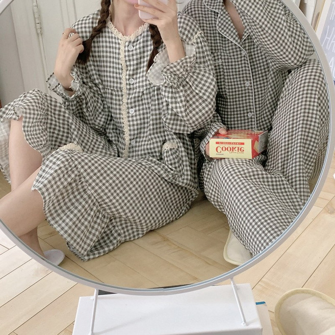 블랙체크 간절기 원피스 잠옷 체크커플잠옷