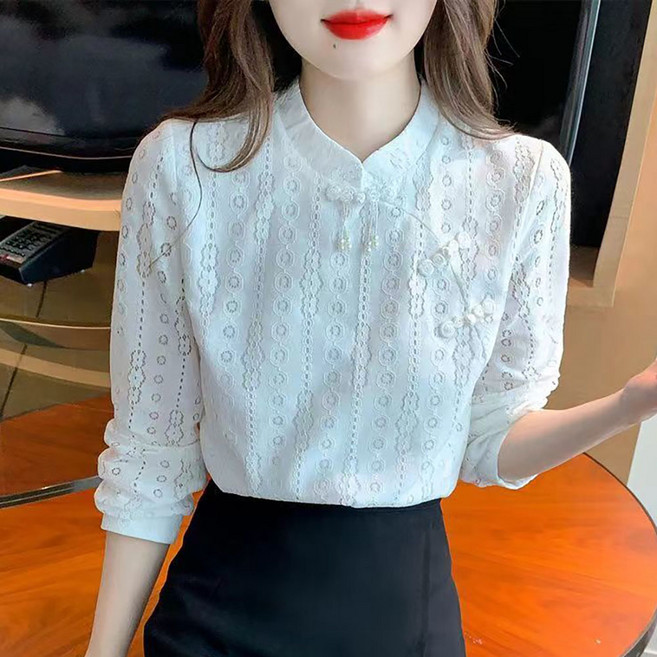 ROYALBELLE 여성 스탠드넥 레이스 진주 버튼 슬림핏 우아한 긴팔 블라우스 B06020235