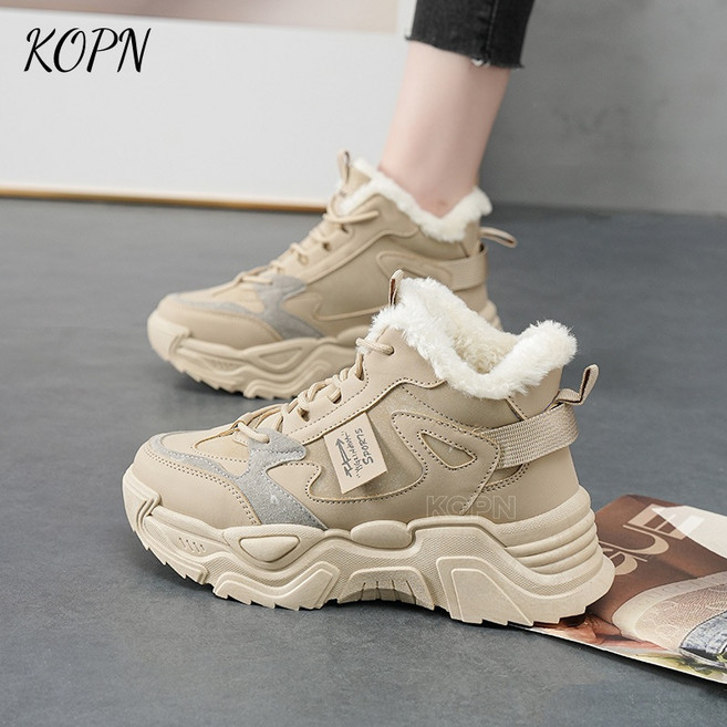 KOPN하이 부츠 여자 가을 겨울 솜 신발 백합 아버지 스포츠 캐주얼 여자 신발 기모 미끄럼 방지 두꺼운 바닥 스노우 부츠 패션 백합 편안한 솜 신발
