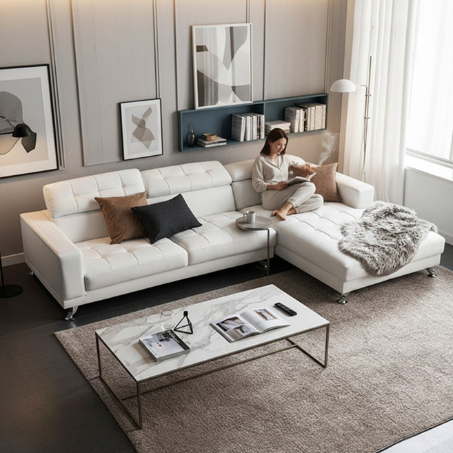 자네트 로마노 4인용 카우치 가죽쇼파 (3인용+카우치) 4인용쇼파, B형 화이트