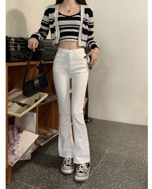 夏季白色高腰顯瘦微喇叭褲女直筒牛仔褲韓版新款修身小個子九分褲53