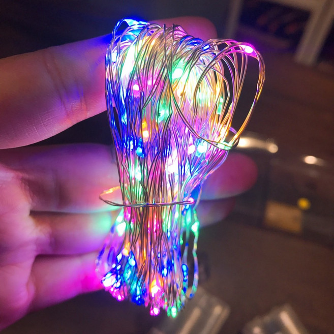甜妞 LED銅線燈 (電池盒款) 藍白/彩色/星星燈 聖誕裝飾燈串, 七彩銅線燈 10米100燈(常亮,電池盒, 1個