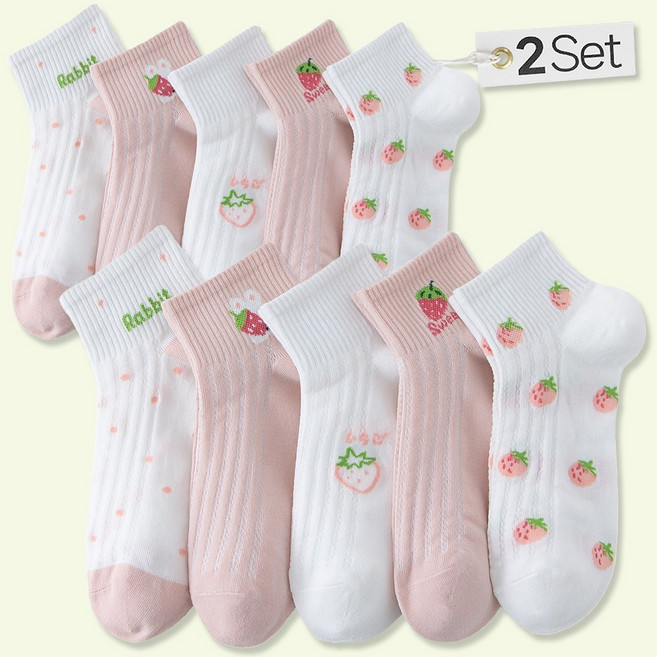 쿠밍 여성용 패션 데일리 코디 포인트 단목 발목 양말 10켤레 핑크 세트