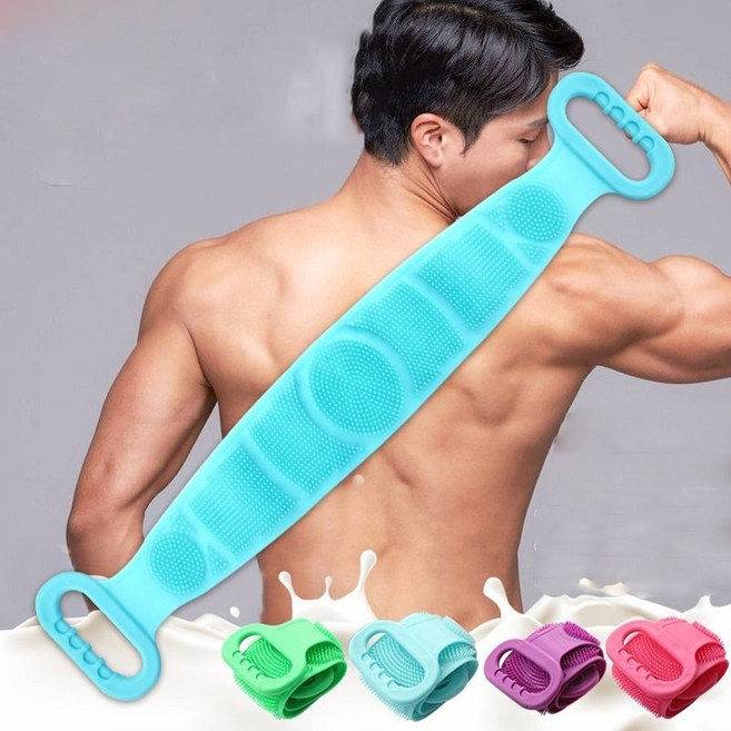 실리콘 등밀이 샤워 타올 손잡이 때밀이 브러쉬 각질 제거 목욕, 그린, 2개