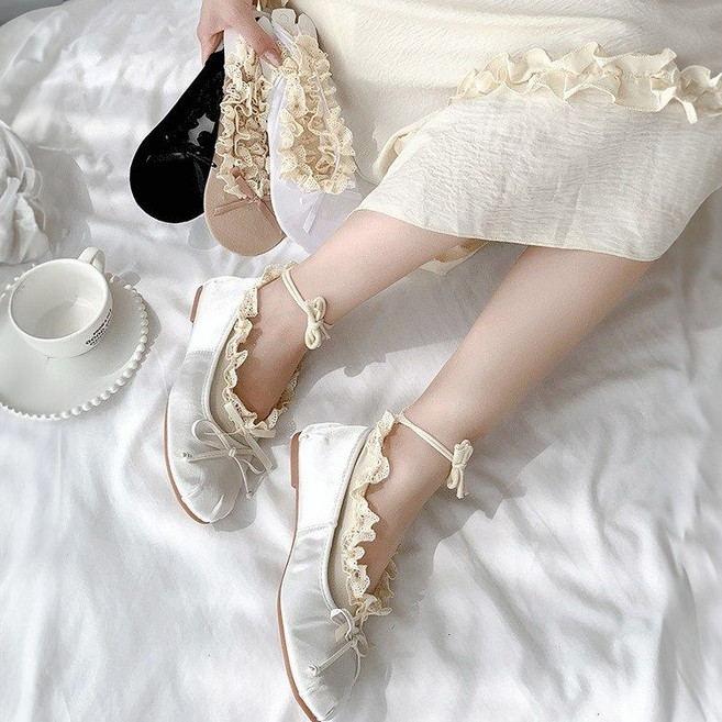 예쁜 여성 양말 너플너플 발레 리본 끈 레이스 플렛 덧신 4켤레세트