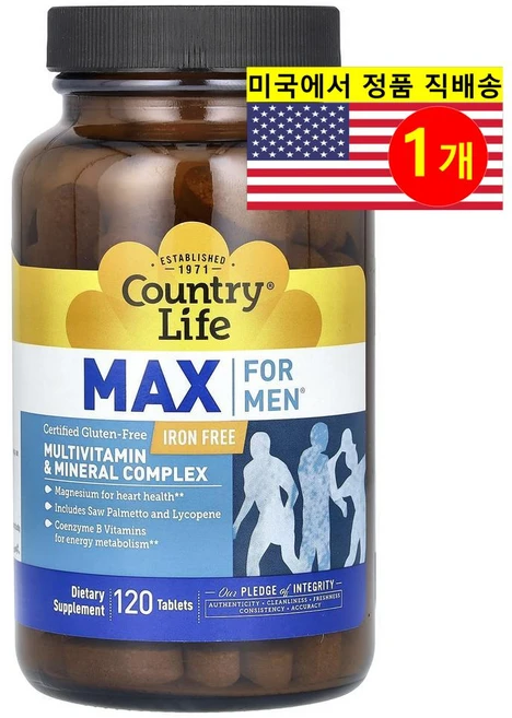 Country Life 컨트리 라이프 남성용 멀티비타민 미네랄 복합 철분 무, 1개, 120정 - 쿠팡