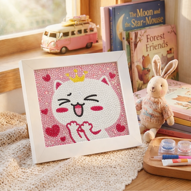 STIX 어린이 보석십자수 액자형 12종 DIY 키트 드릴비즈 만들기 KC인증, 1개, 02.하트윙크고양이