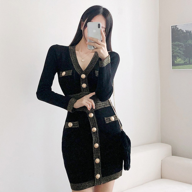 요시아나 [당일발송] 로지에 금사 배색 금장단추 슬림핏 니트 미니 원피스 2컬러