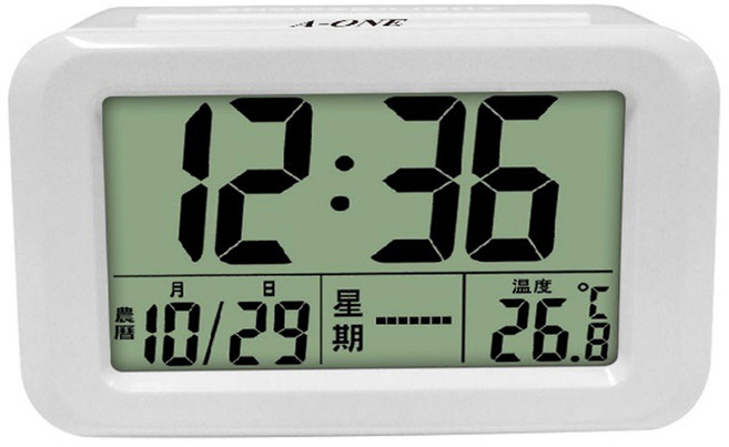 A-ONE TG-072 藍光LCD顯示鬧鐘 超大螢幕 夜燈功能 多功能顯示 鬧鐘裝置, 白色, 白色