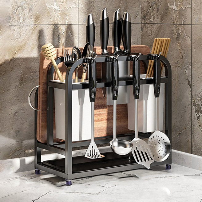 가정용 주방정리 스텐 올인원 칼블럭 수저통 다용도 스탠드형 키친툴 홀더 도마거치대, 블랙, 1개
