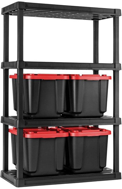 IRIS USA 3-선반 헤비 듀티 플라스틱 보관 선반 450파운드 용량 38인치 H x 36인치 W 18인치 D 차고 가정 창고 및 체육관 랙을 위한 대형 모듈형 선반, 4-Tier, Heavy Duty, 블랙