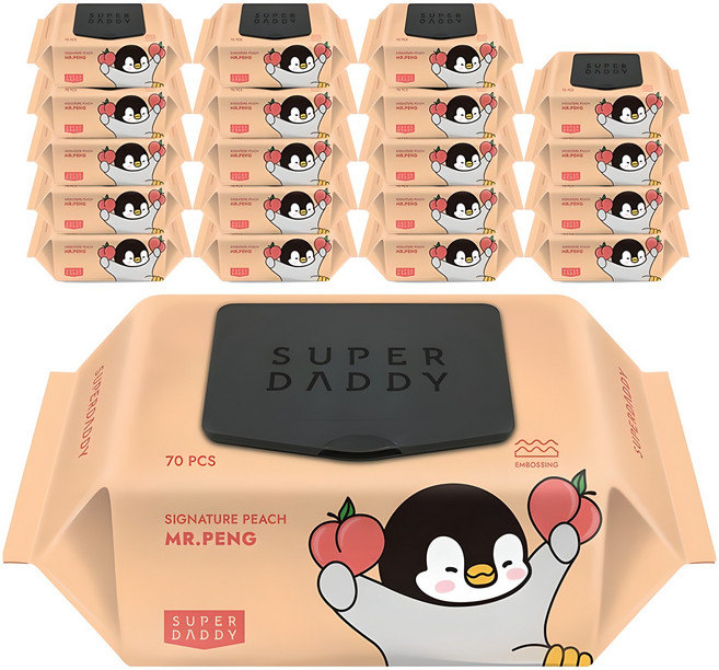 슈퍼대디 시그니처 미스터펭 피치 엠보싱 아기물티슈 캡형, 20개, 70개입, 70g