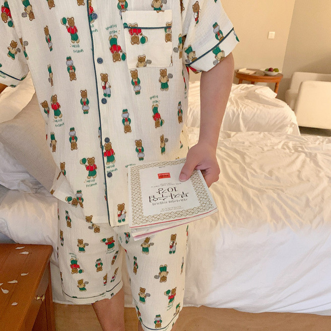 러브썸 곰돌이 커플 요루 순면 반팔잠옷세트 홈웨어 공주님 잠옷 빅사이즈 여름 파자마파티