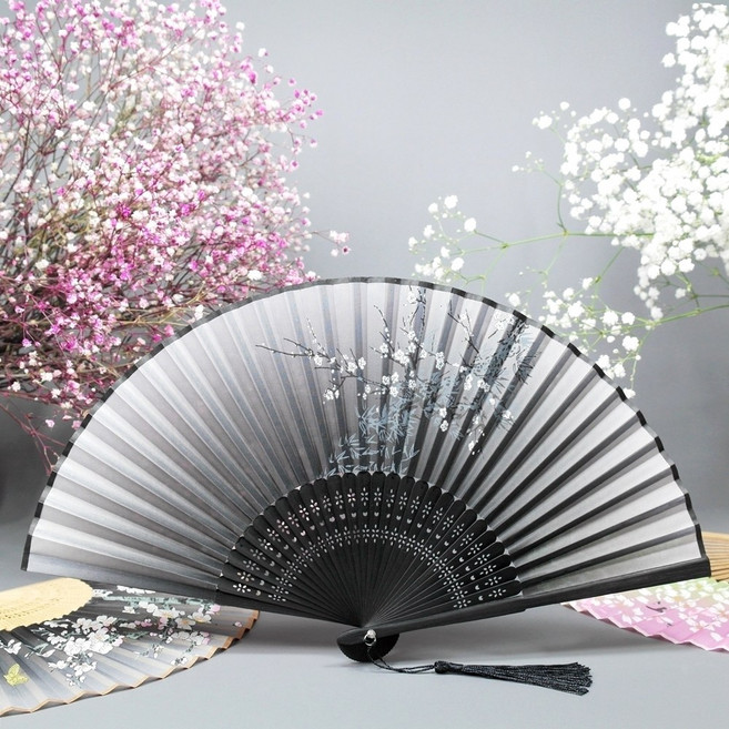 휴대용 접이식 부채 여성 실크 접이 부채 손부채 접는 접부채, 1.매화 블랙, 1개
