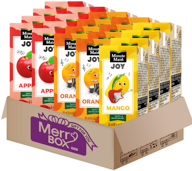 [메리박스]195mlx32개 미닛메이드 조이 드링크 3종 오렌지 사과 망고, 03){사과x12+망고x12+오렌지x8}, 32개, 195ml