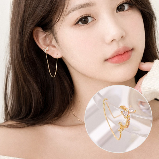 일호장신구 트윙클 미니 리본 이어커프 체인 귀걸이 은침 러블리 코디 한쪽 착용 포인트 귀걸이