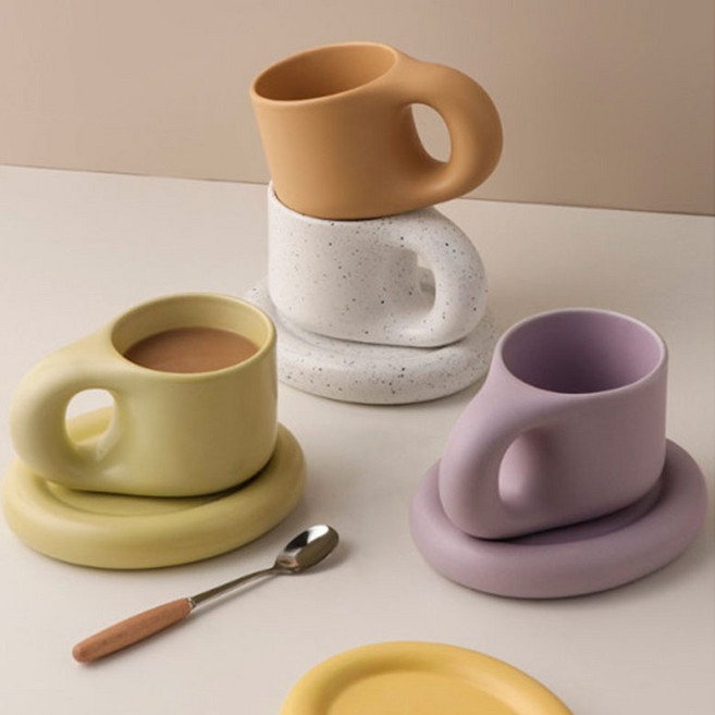 쿡차 뭉툭 머그컵 세트 머그컵+머그 플레이트, 퍼플, 3개