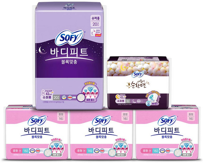 쏘피 바디피트 생리대 볼록맞춤 중형 16p x 3개 + 슈퍼롱 20p + 순한면 슈퍼롱 3p