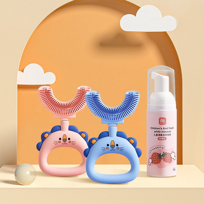 휴대용 U형 2-12 베이비 키즈 아동 실리콘 칫솔 식품급, 1개, 핑크키즈2-6세+블루키즈2-6세+딸기무스치약