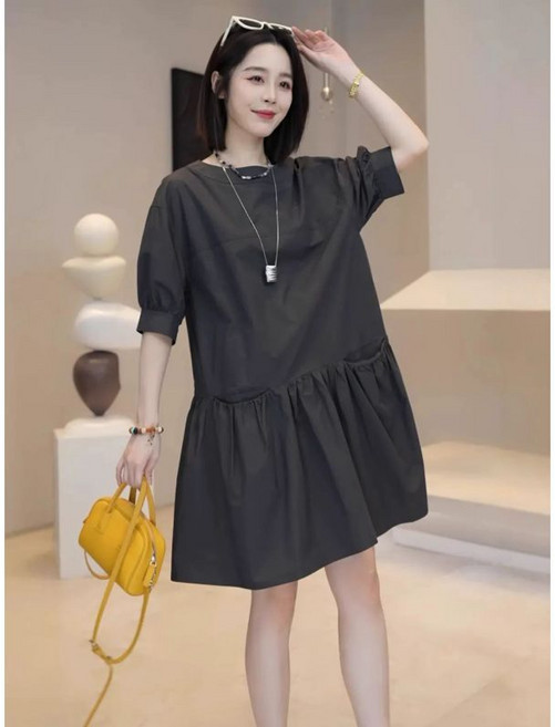 法式短袖連衣裙女夏, 黑色,L