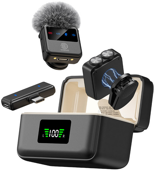 크레디오 무선 핀마이크 HREC50 끊김 없는 고음질 마이크 듀얼 3레벨 노이즈캔슬링, 블랙, CREDIO-HREC50