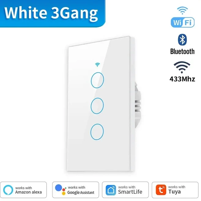 Tuya US WiFi + Bluetooth 스마트 벽 스위치 RF433 1/2/3/4 Gang 스마트 터치 센서 LED 조명 스위치 스마트, 08 White 3Gang
