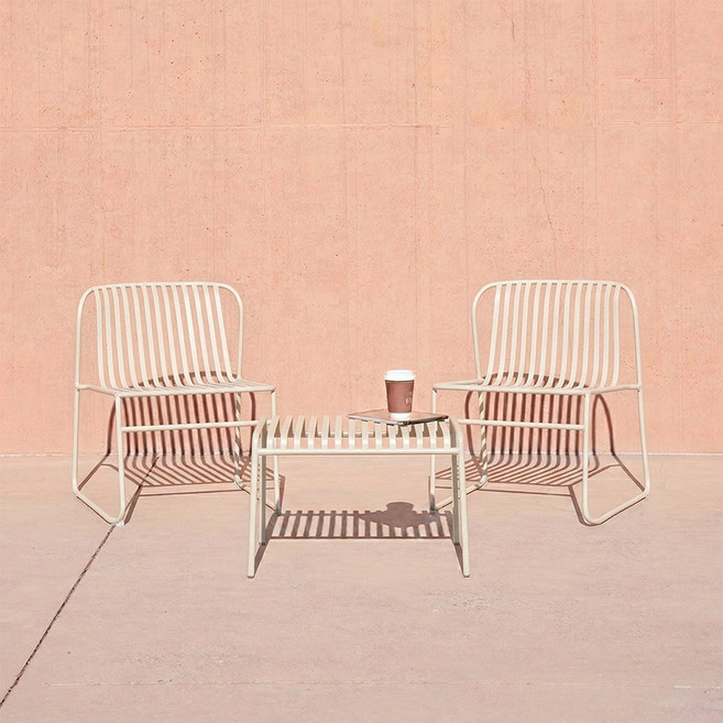 코나 철제 야외 테이블 세트 / 라운지 체어 2개+더블 사이드테이블 협탁, 화이트