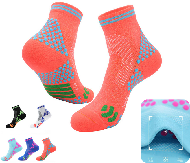 P.o.H러닝양말 미끄럼방지 스포츠양말 앵클 메쉬 통풍 도트쿠션 트레일런 마라톤 양말 남녀공용<러닝에서 제일 중요한것은 양말입니다!>, 1세트, 형광오렌지/레이크블루