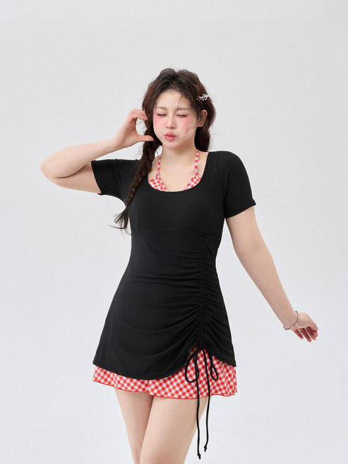 分體泳衣新款大碼假兩件套復古格子胖mm遮肉顯瘦溫泉度假泳衣, M 90-100斤