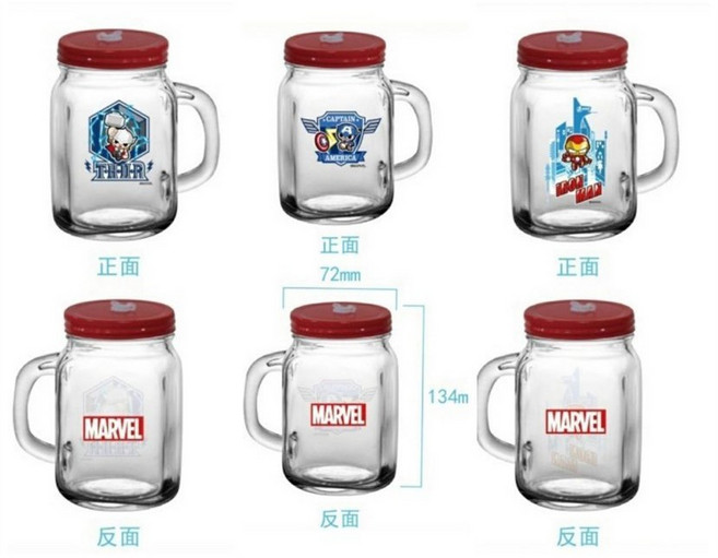 MARVEL 復仇者聯盟 梅森罐玻璃杯 台灣製造 15公分 450ml 手把杯 水杯, 1個, 鋼鐵人－復仇者聯盟梅森罐