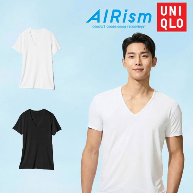 [국내매장판] 유니클로 에어리즘 남성 V넥 반팔 런닝 내의 +파우치증정