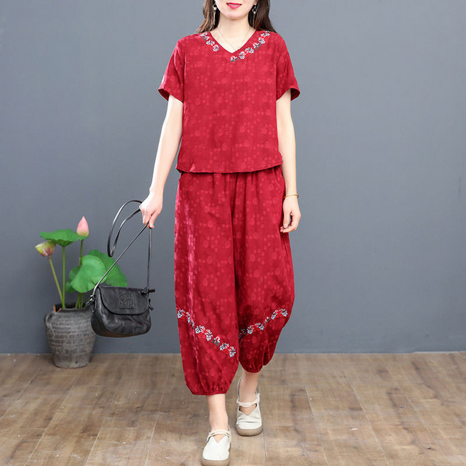 여름 여성 캐주얼 반팔 상의 벌룬 팬츠 와이드 와이드 팬츠 투피스 women's two-piece set 하늘비즈 A25 M556S654