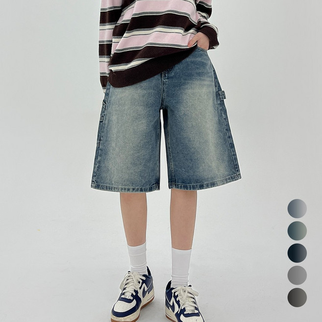 코모도 여성 청 반바지 5부 7부 와이드 핏 데님 버뮤다 반바지