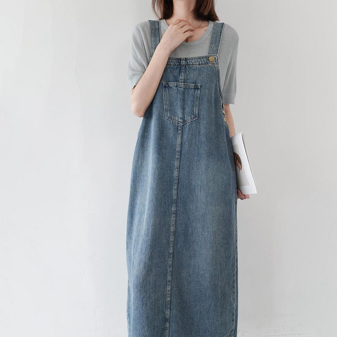 여성용 데님 멜빵 원피스 루즈핏 미디 원피스 JYYYBD31372