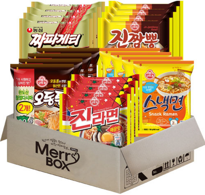 [메리박스] 봉지라면세트 5종 20개(진라면매운맛4+진짬뽕4+오동통면4+스낵면4+짜파게티4), 1세트