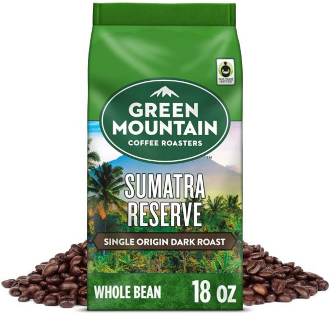 Green Mountain Coffee Roasters 분쇄 가루 커피 그린 마운틴 로스터스 공정 인증 수마트라 리저브 다크 로스트 10온스 포장, Sumatra Reserve, 18온스 (1팩)