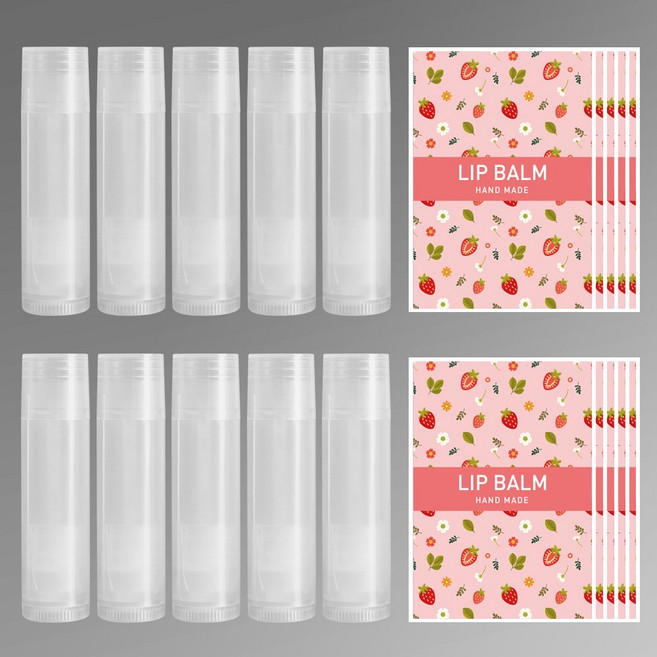 포포라운지 립스틱 공병 립밤만들기 스틱타입 용기, 10개, 립밤(투명) + 스티커(딸기)