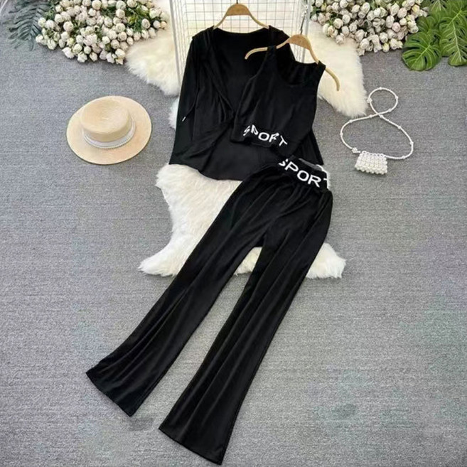 AOUGK 여성 여름 긴팔 아우터+끈나시+바지 트레이닝 캐주얼 세트 여름 세트
