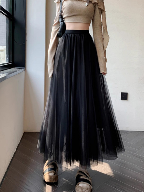 DFMEI 紗裙半身裙女春秋新款高端白色網紗半裙A字裙子夏季半身長裙