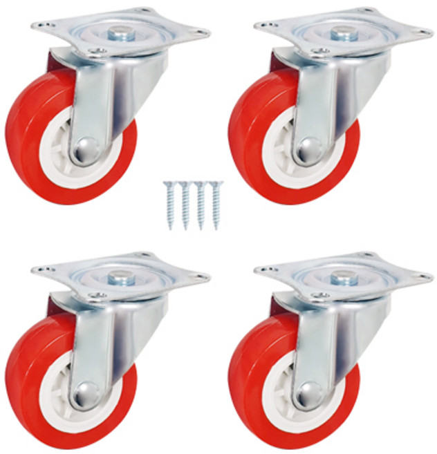 적색 PVC 캐스터 고중량 바퀴 고정 회전 브레이크 B-02 2인치 회전형, 4개