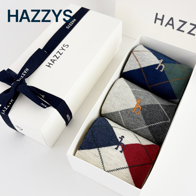 [정품] 헤지스 아가일 남성 양말 중목 3종 세트 선물포장 쇼핑백