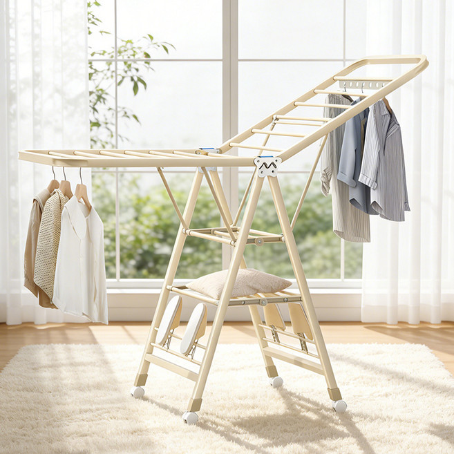 이동 접이식 빨래건조대 대형 가정용 양날개 건조대 다기능 이불건조대, 크림색