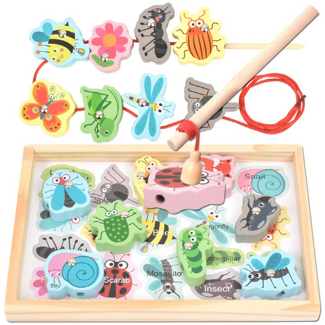 h37 오즈토이 목제 블럭 실꿰기 자석 낚시놀이 교구 곤충 g1018-6 블록 영어 그림 교재, 상세페이지 참조, 1개