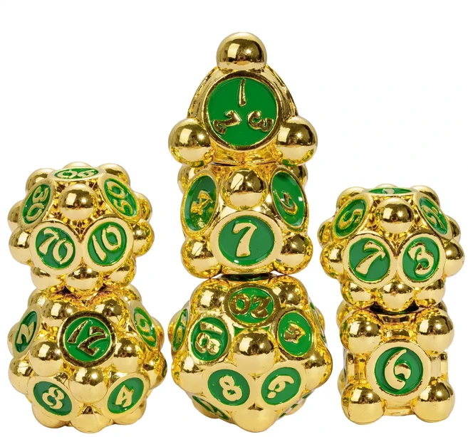 Cusdie 폴카 도트 금속 주사위 세트 DND D4-D20 던전 앤 드래곤 패스파인더 역할 놀이 보드 게임용 다면, 01 China Mainland, 08 Gold  Green